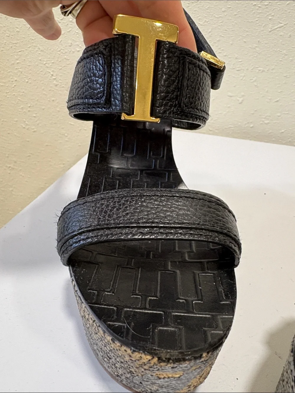 Tory Burch Black and Tan Snake-Print Platform Wedge Sandals with Gold Buckles